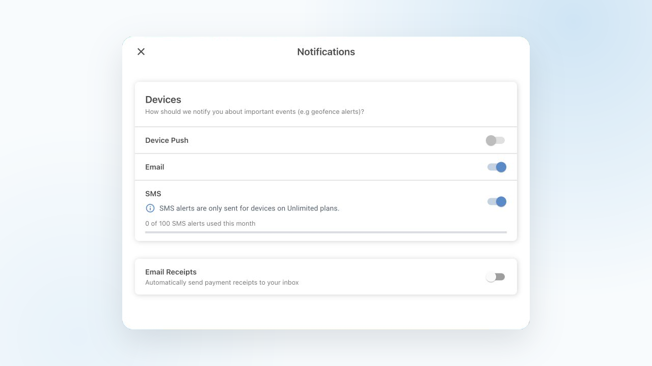 ShieldGPS web Notification Settings showing separate push, email, and SMS alert options