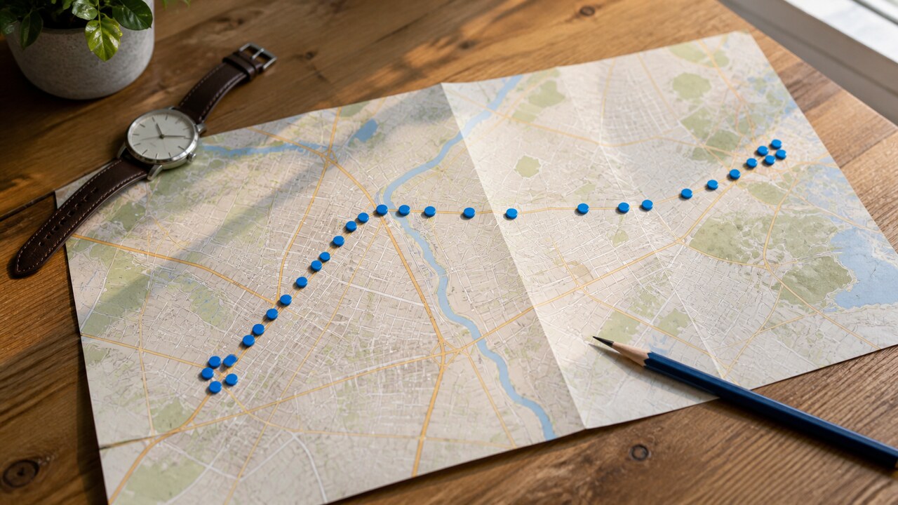 A paper map with blue markers tracing a journey beside a wristwatch and pencil