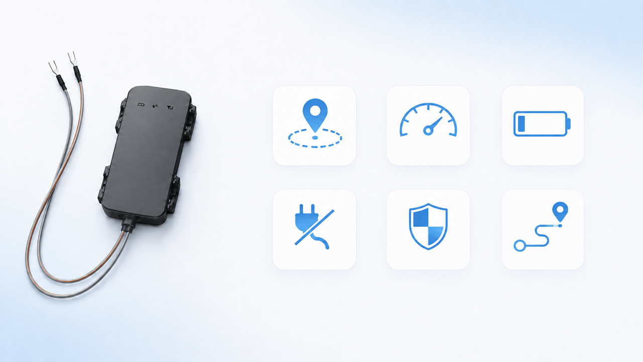 G1C GPS tracker beside six blue alert symbols on white badges